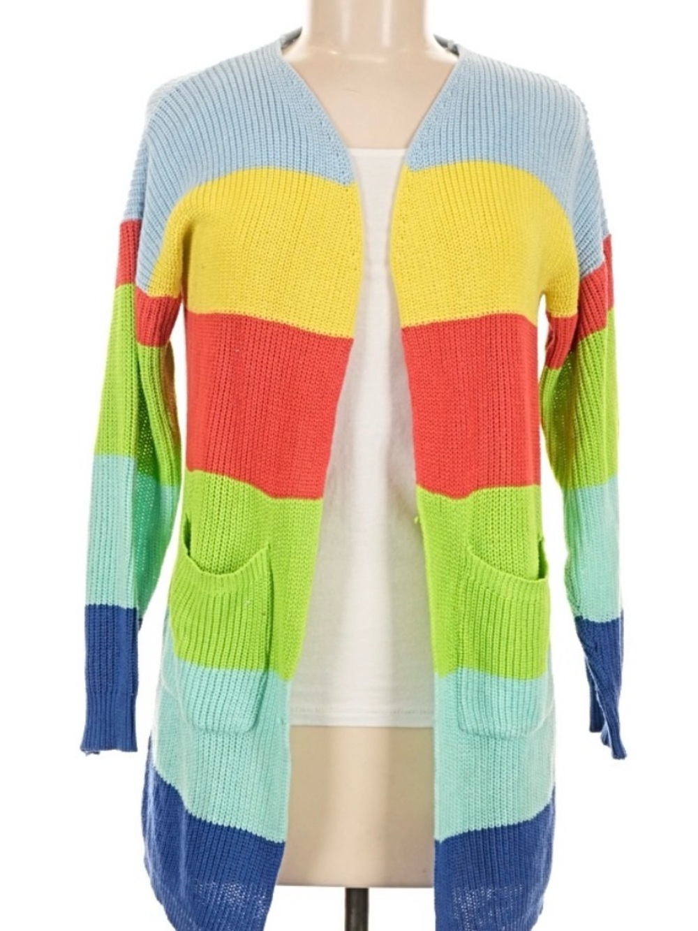 Striped Open-Front Cardigan Sweater in Blue, Yellow, Coral, Lime